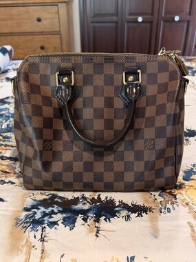 Auth Louis Vuitton Damier Ebene Speedy Bandoulière 25 w/ Strap, Dust Bag & Lock